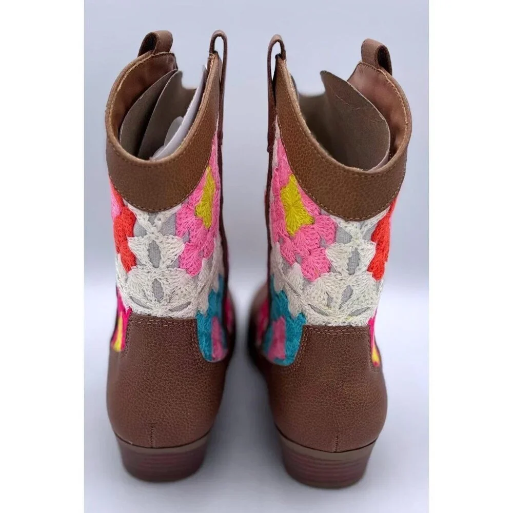 Sonoma Girls Western Cowboy Boots Brown Crochet Mid-Calf Ankle Boots Size 4